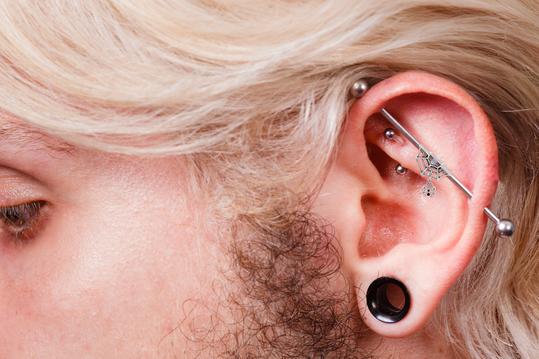 man with industrial, rook, and stretched earlobe piercings