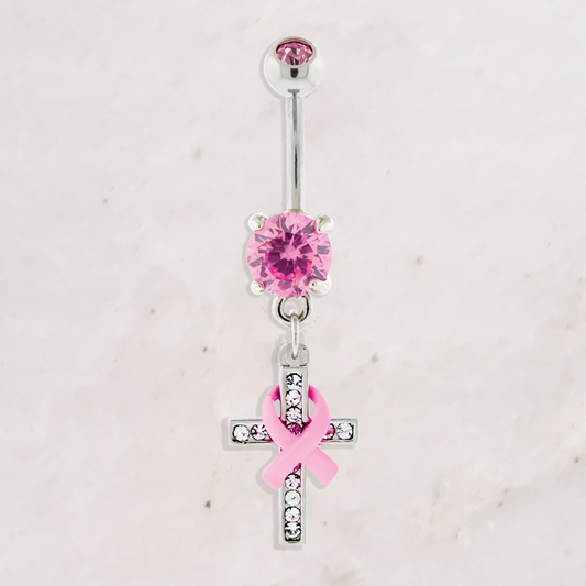 14G Breast Cancer Awareness Pave Cross Navel Ring
