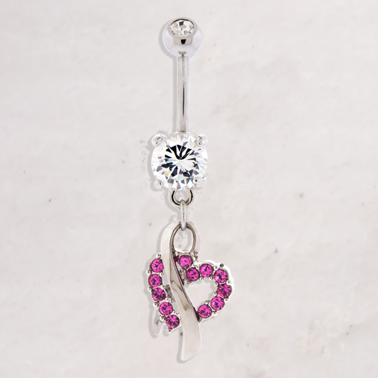 14G Breast Cancer Awareness Pave Heart Ribbon Navel Ring