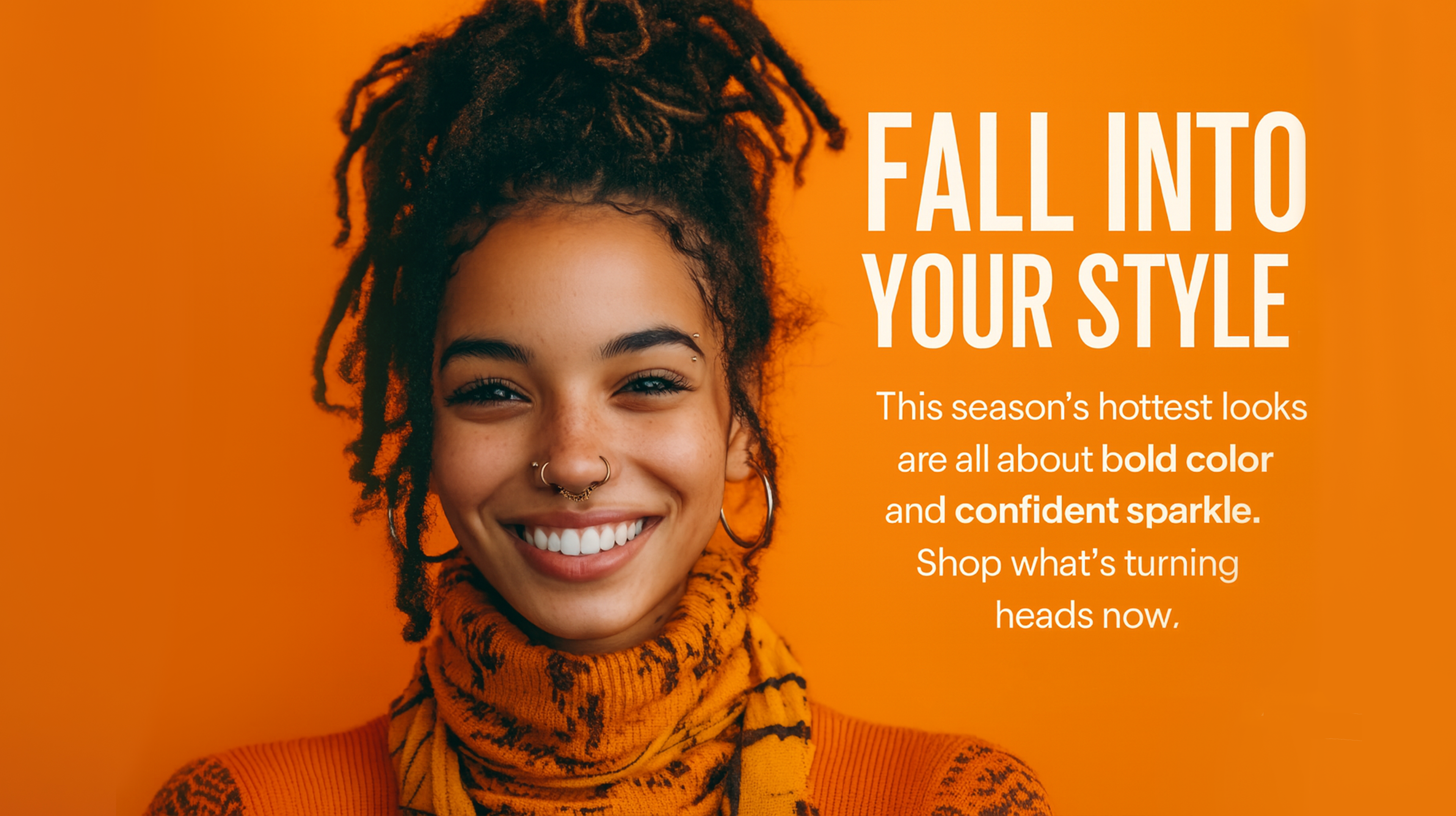 woman with piercings on a bright orange background celebrating fall style