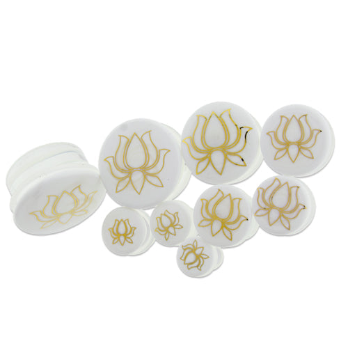 White Glass Plugs w/ Gold Lotus Design – Single Flare | 0G–1" - Pierced Addiction