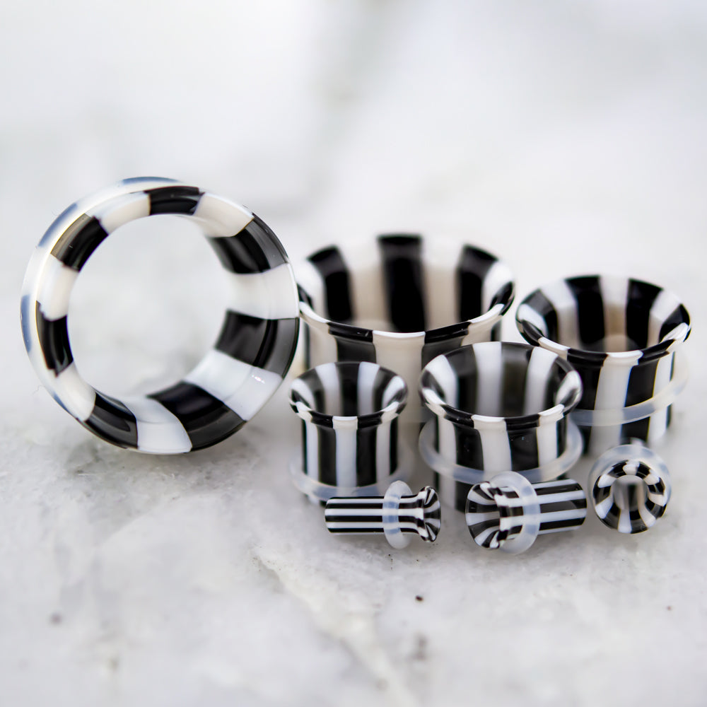 Pair Black and White Stripe Single Flare Tunnels - Pierced Addiction