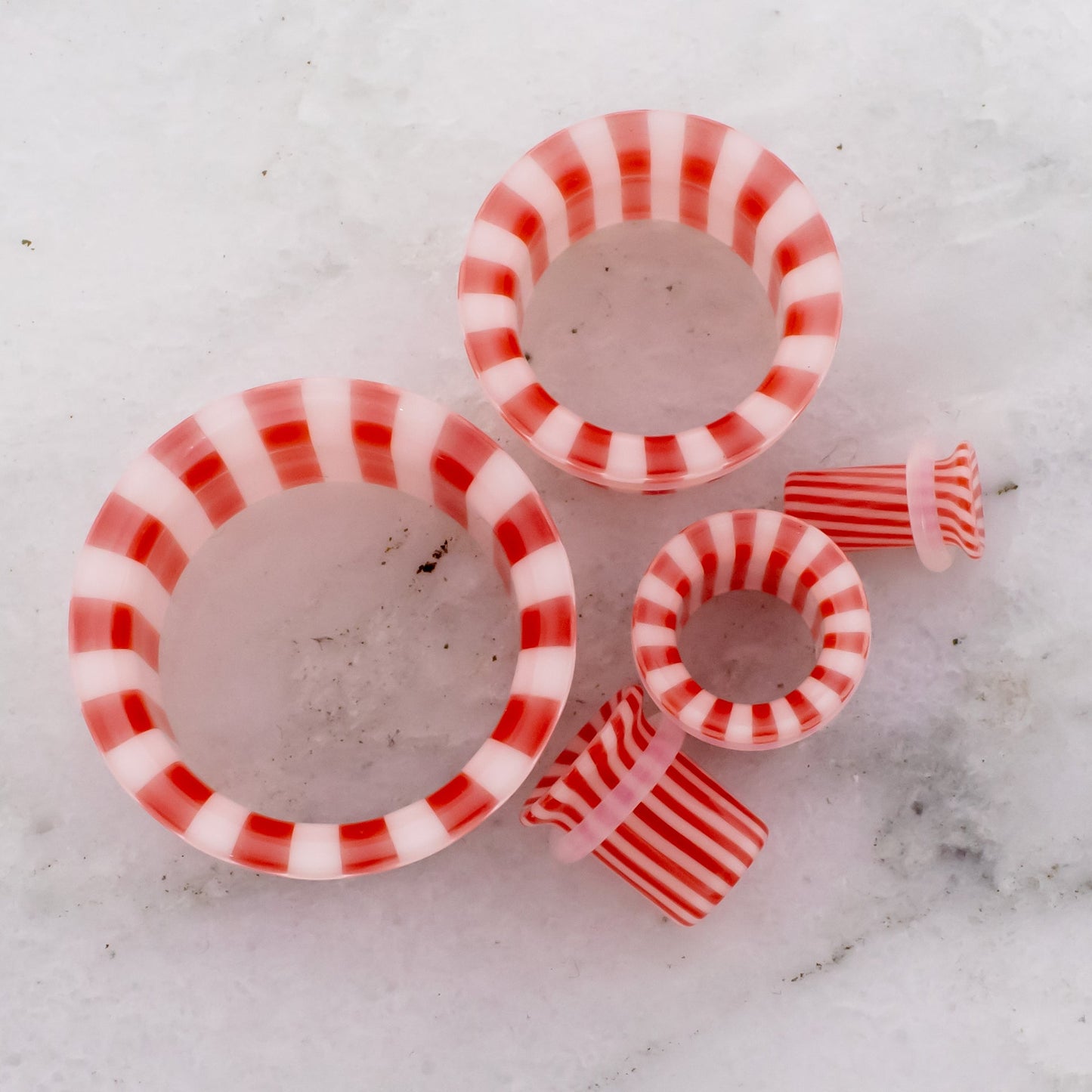 Pair SINGLE FLARE PYREX GLASS TUNNEL PEPPERMINT