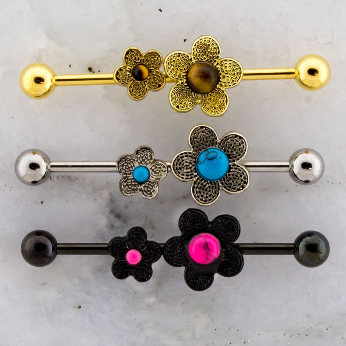 14G Industrial Barbell - Cabochon Flower - Pierced Addiction