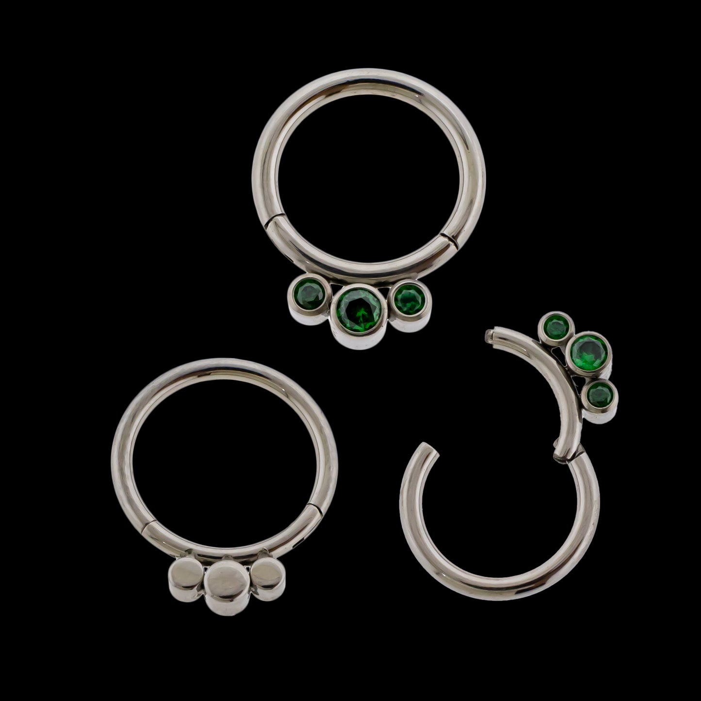 Lucienne - 16G Three Gem Titanium Hinged Ring- Dark Green