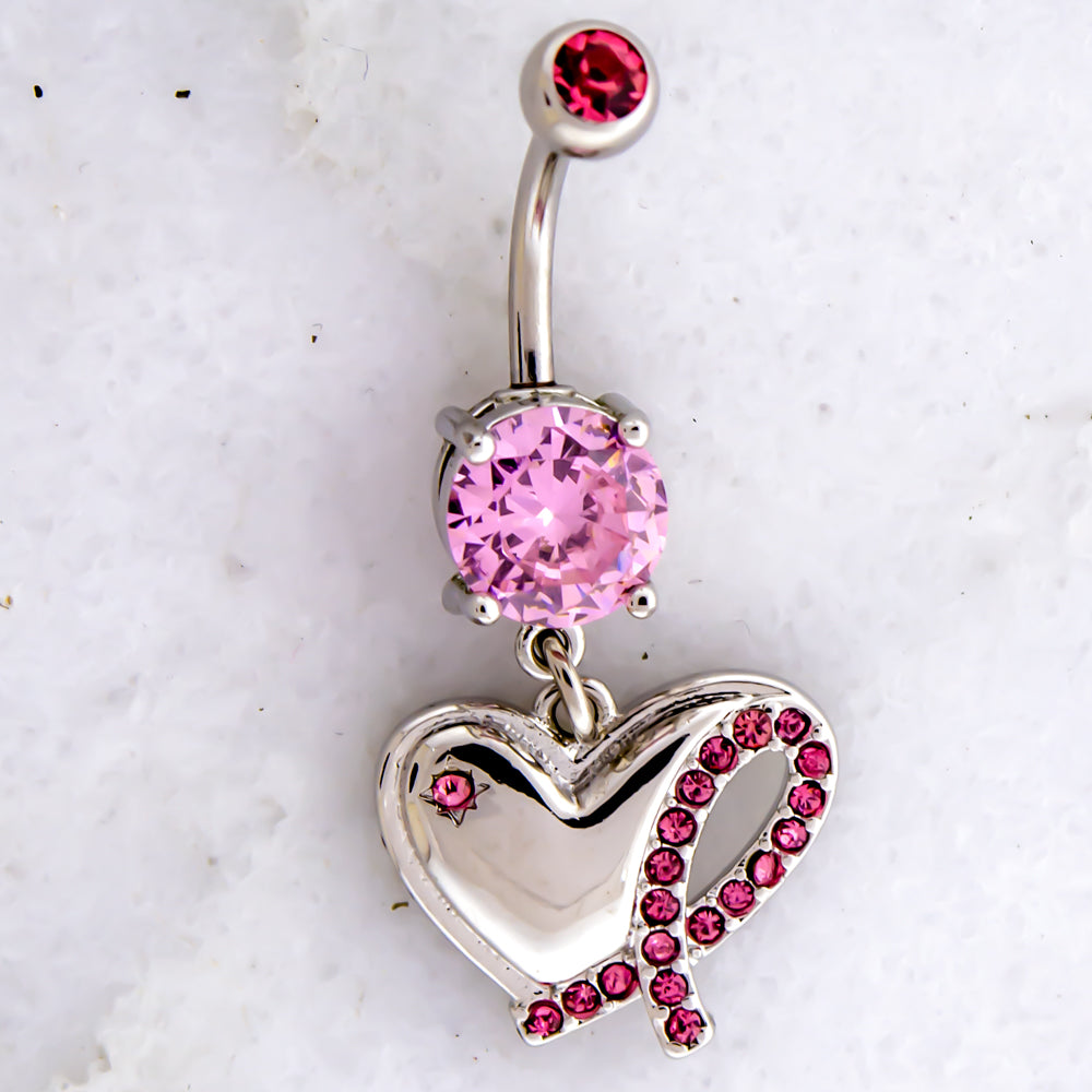 Breast Cancer Awareness Navel Ring with Heart & Pink Gem Ribbon