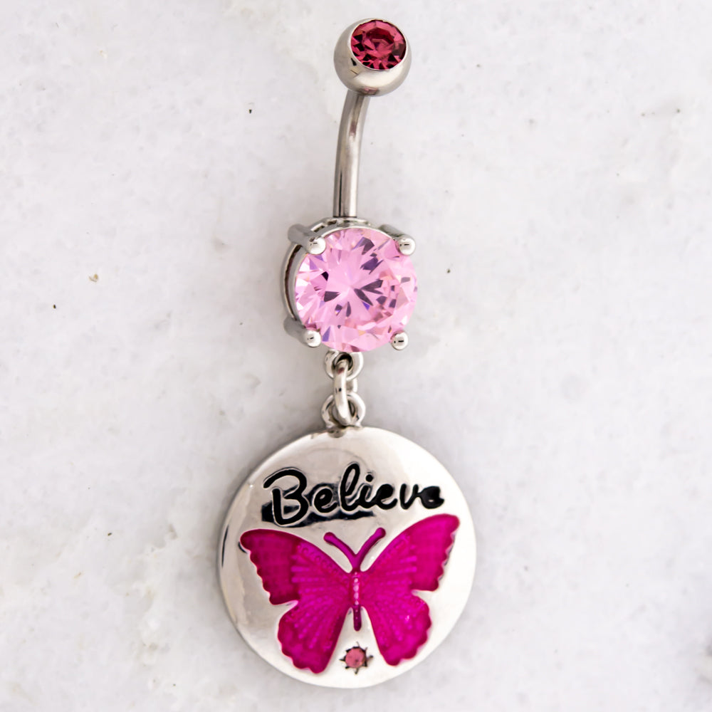14G Breast Cancer Awareness Butterfly Believe Navel Ring - Pierced Addiction