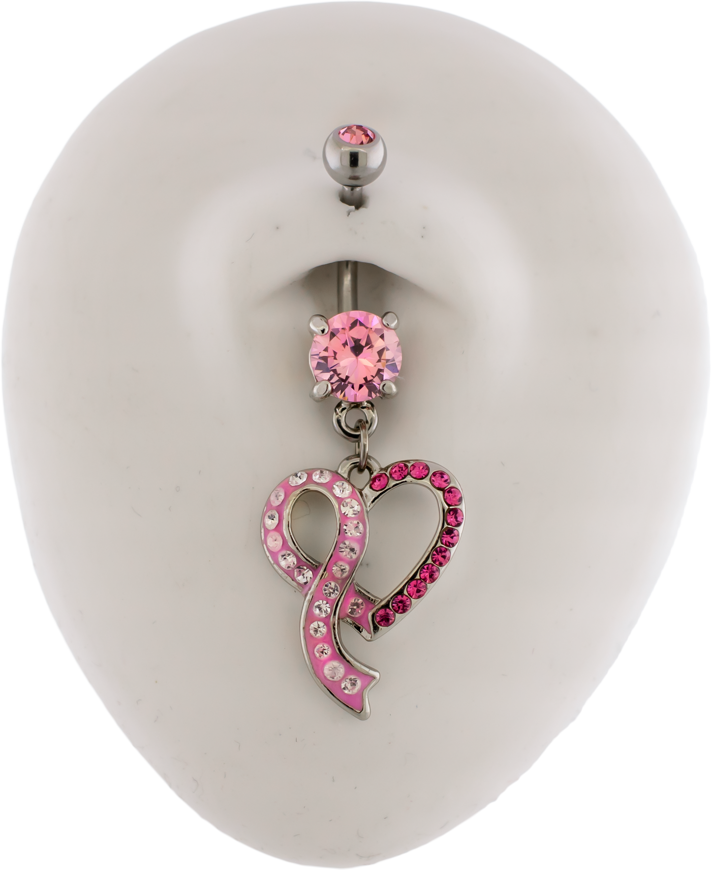 14G Breast Cancer Awareness Pave Heart Ribbon Navel Ring