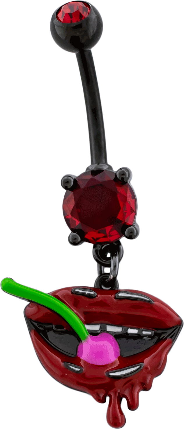 14G Black PVD Lips with Cherry Navel Ring