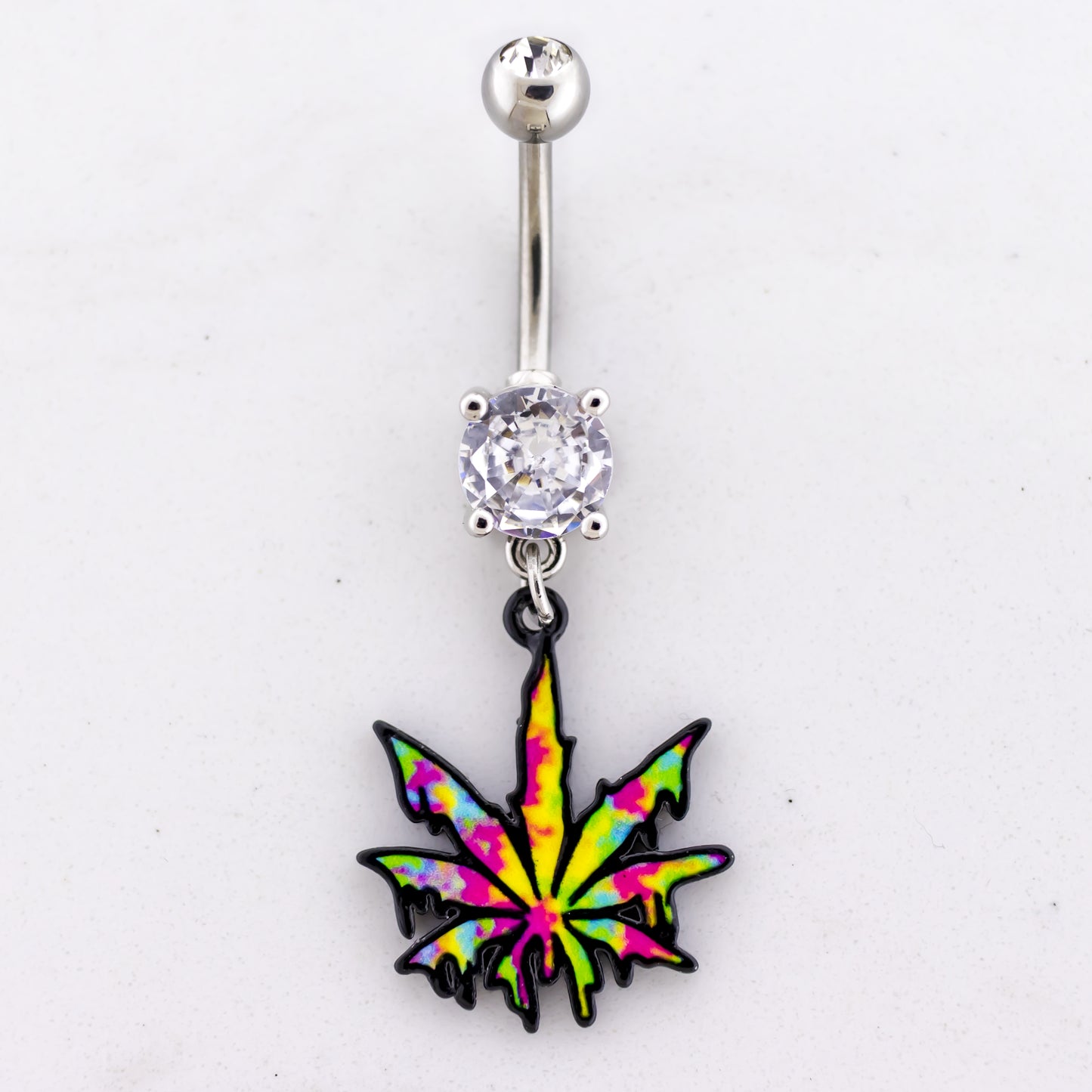 14G Rainbow Dripping Pot Leaf Navel Ring - Pierced Addiction