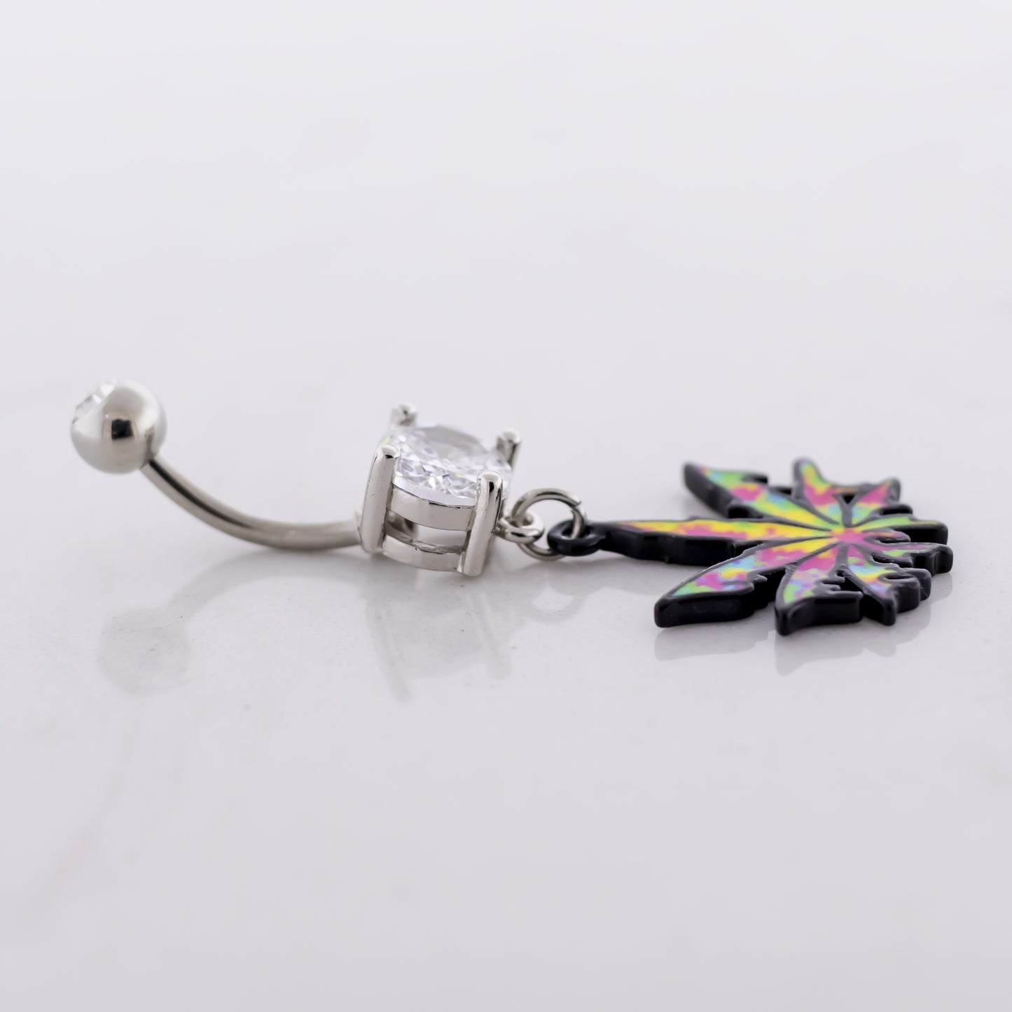 14G Rainbow Dripping Pot Leaf Navel Ring - Pierced Addiction