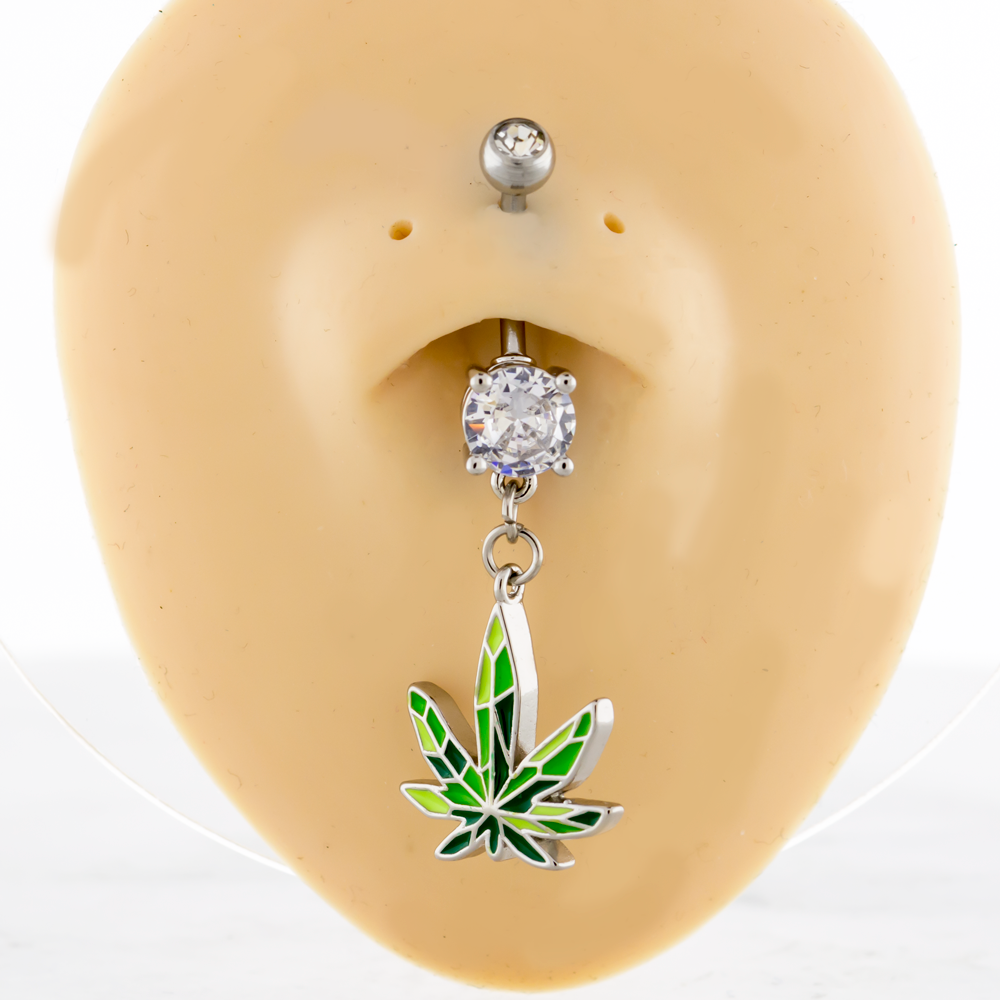 14G Crystal Pot Leaf Navel Ring - Pierced Addiction