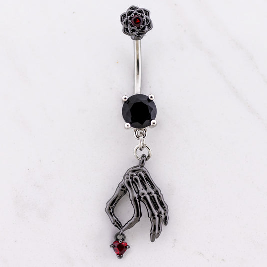14G Skeleton Hand Heart Navel Ring - Pierced Addiction