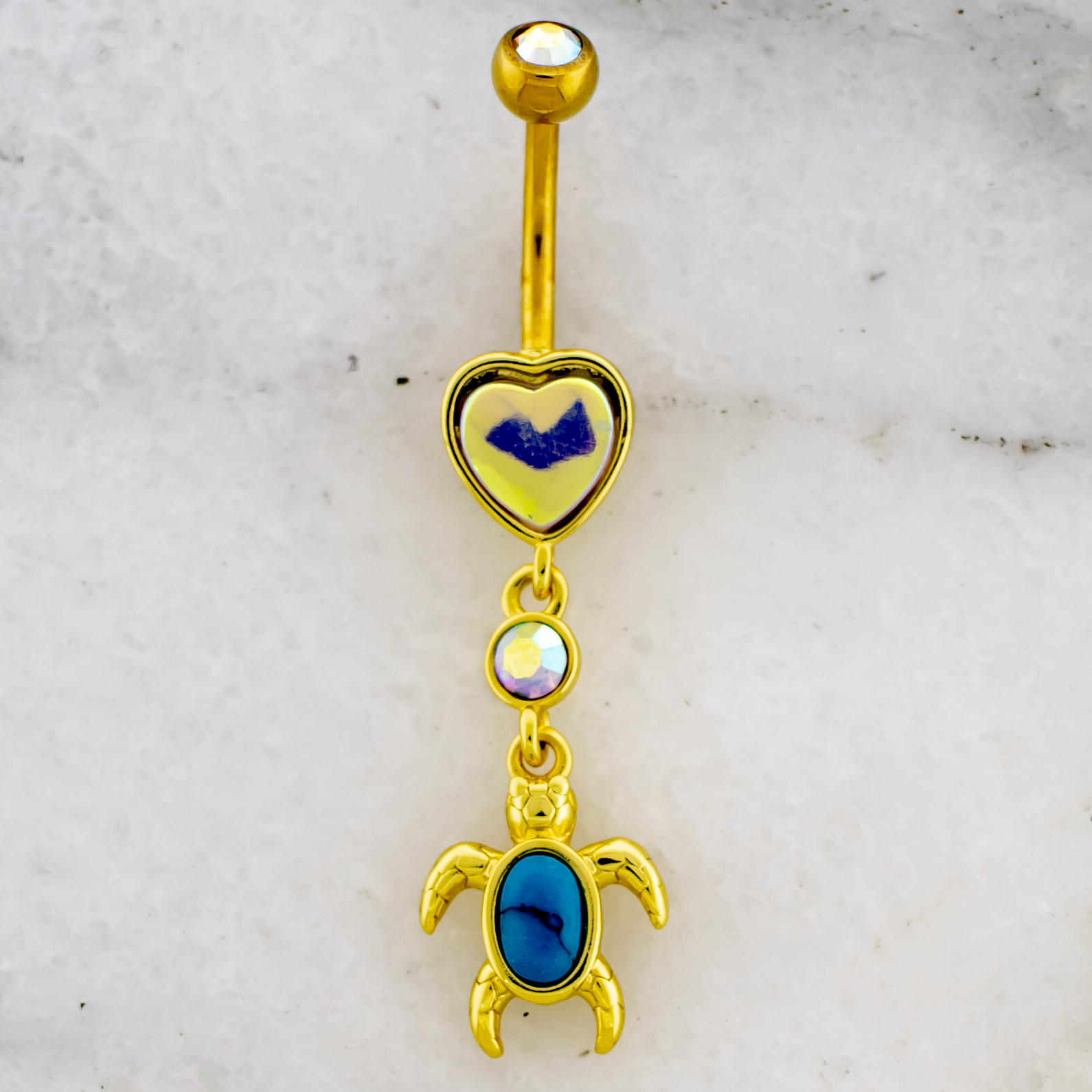 14G Iridescent Heart and Turquoise Turtle Navel Ring