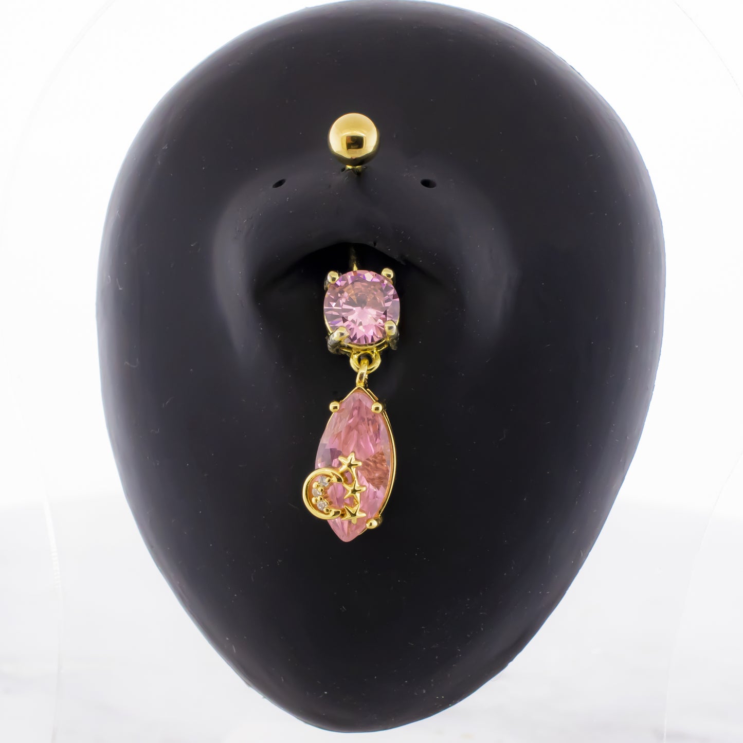 14G Pink Teardrop Gem With Moon and Stars Navel Ring - Pierced Addiction