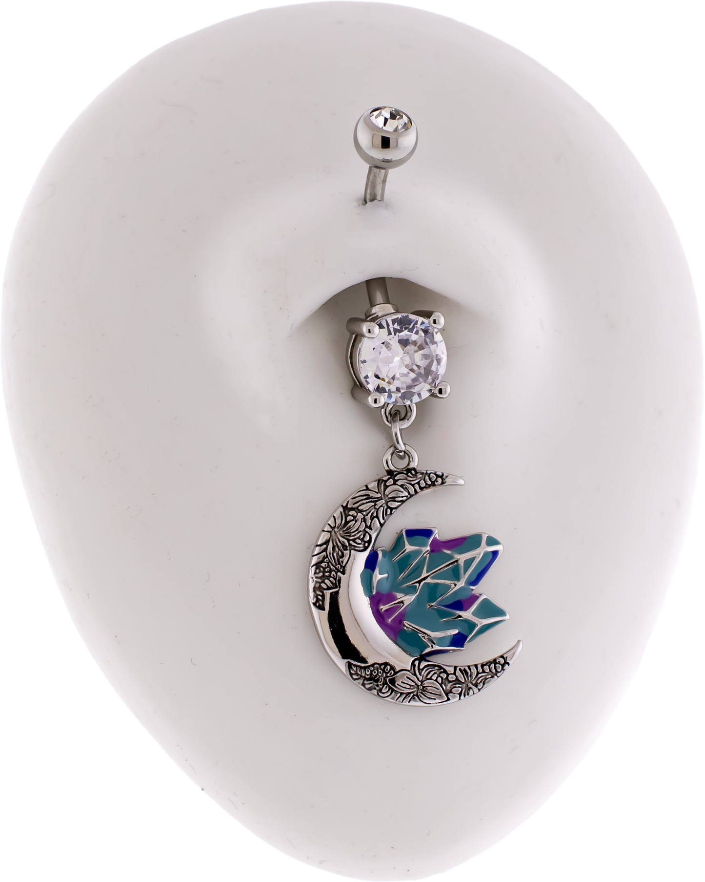 14G Floral Print Moon With Enamel Crystal Navel Ring - Pierced Addiction