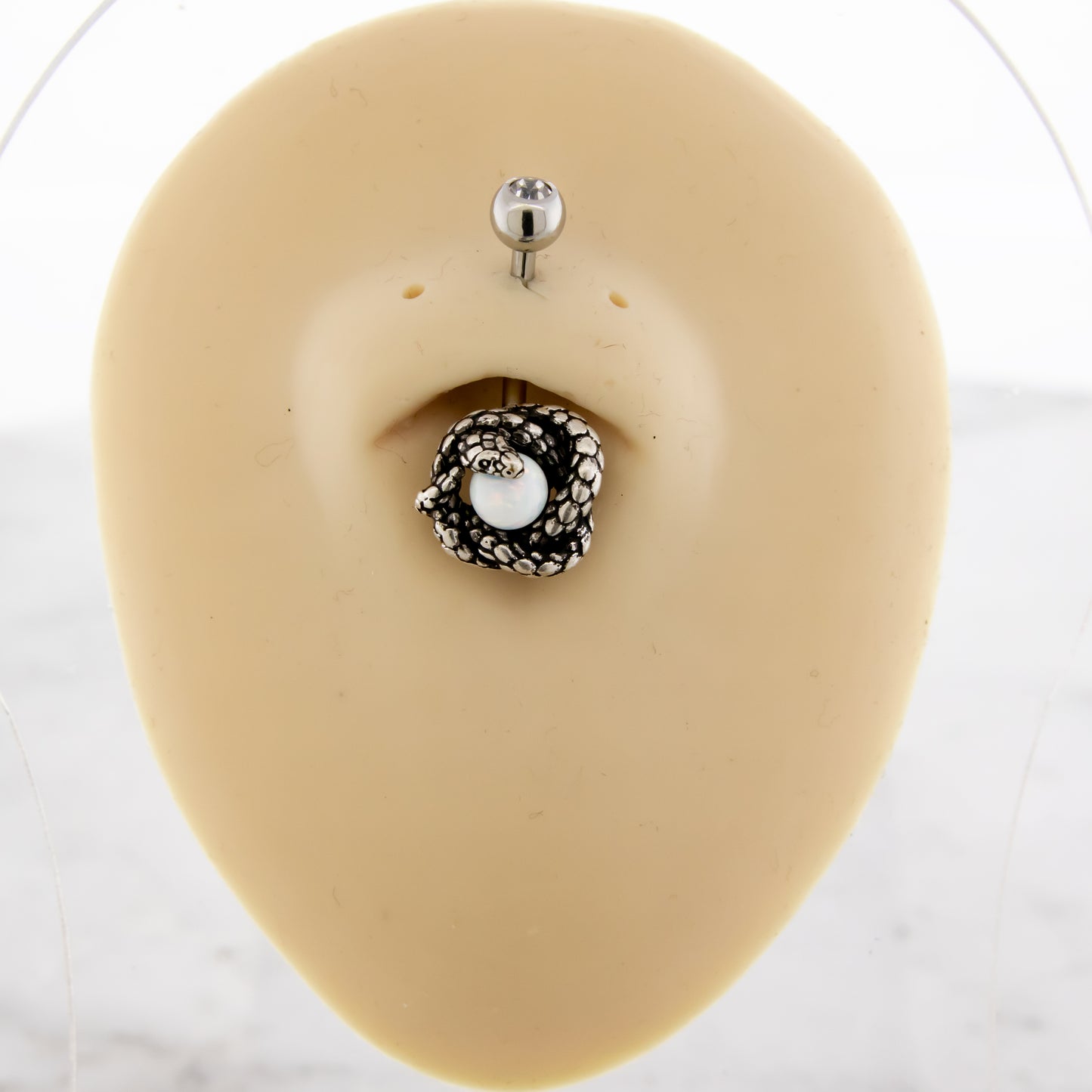 14G Snake Wrapped White Synthetic Opal Ball Navel Ring - Pierced Addiction