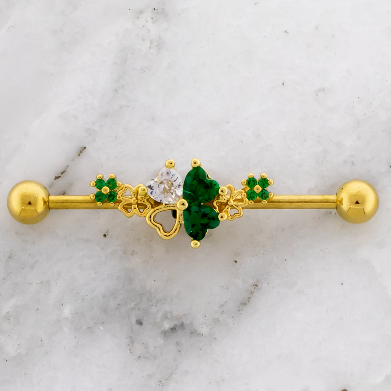 14G Gem and Cutout Clover Industrial Barbell - Pierced Addiction