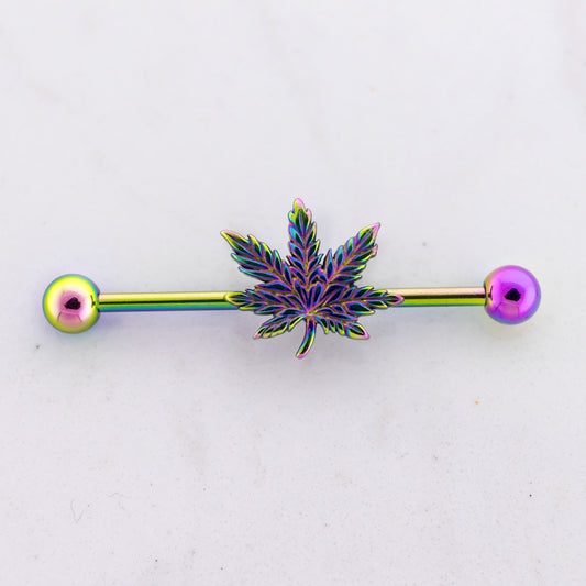 14G Industrial Barbell - Rainbow Pot Leaf - Pierced Addiction