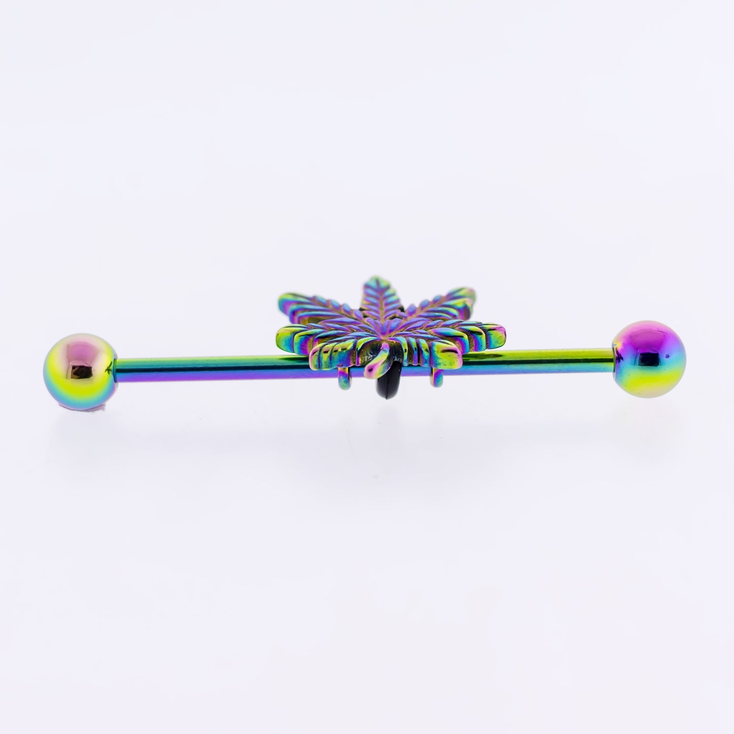 14G Industrial Barbell - Rainbow Pot Leaf - Pierced Addiction