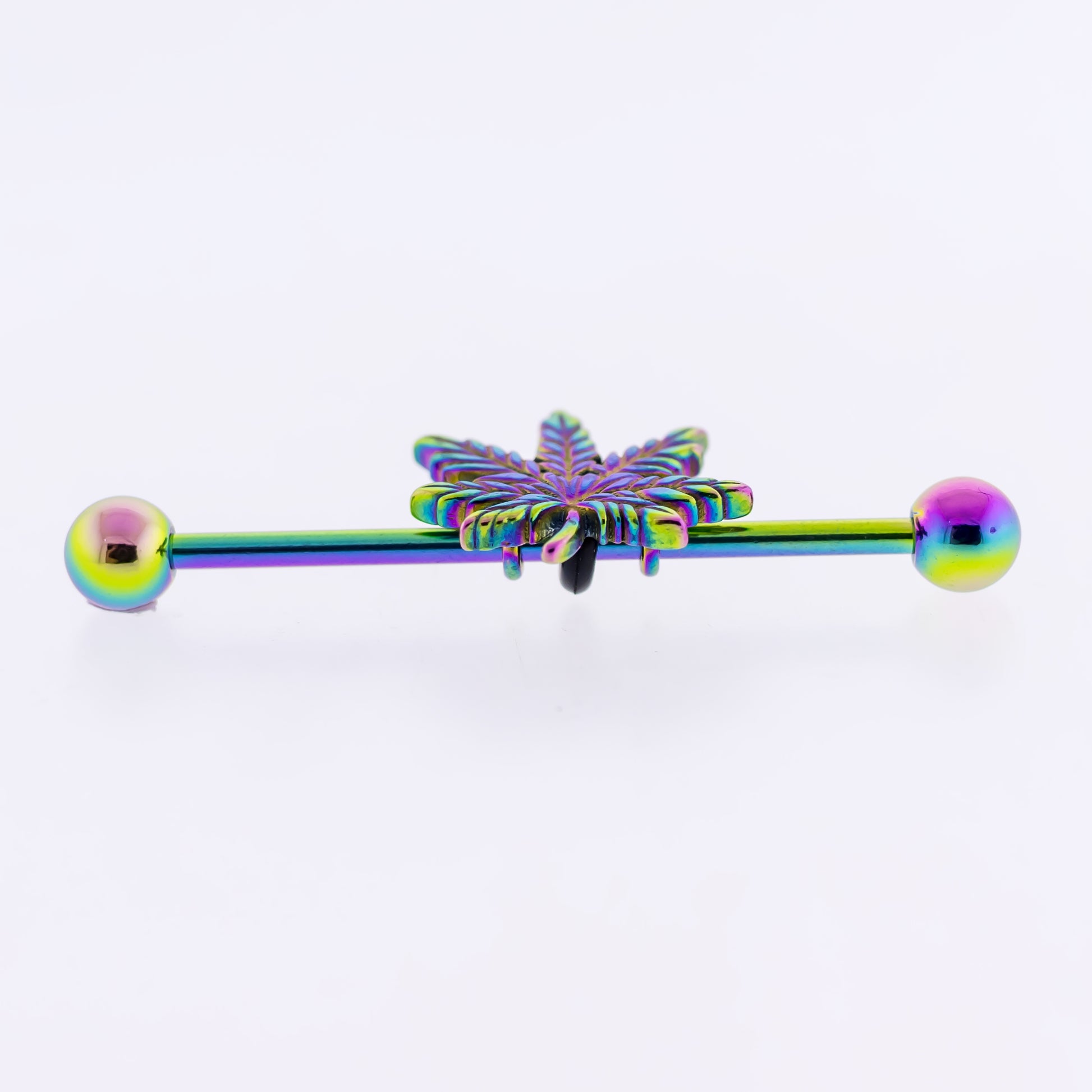 14G Industrial Barbell - Rainbow Pot Leaf - Pierced Addiction
