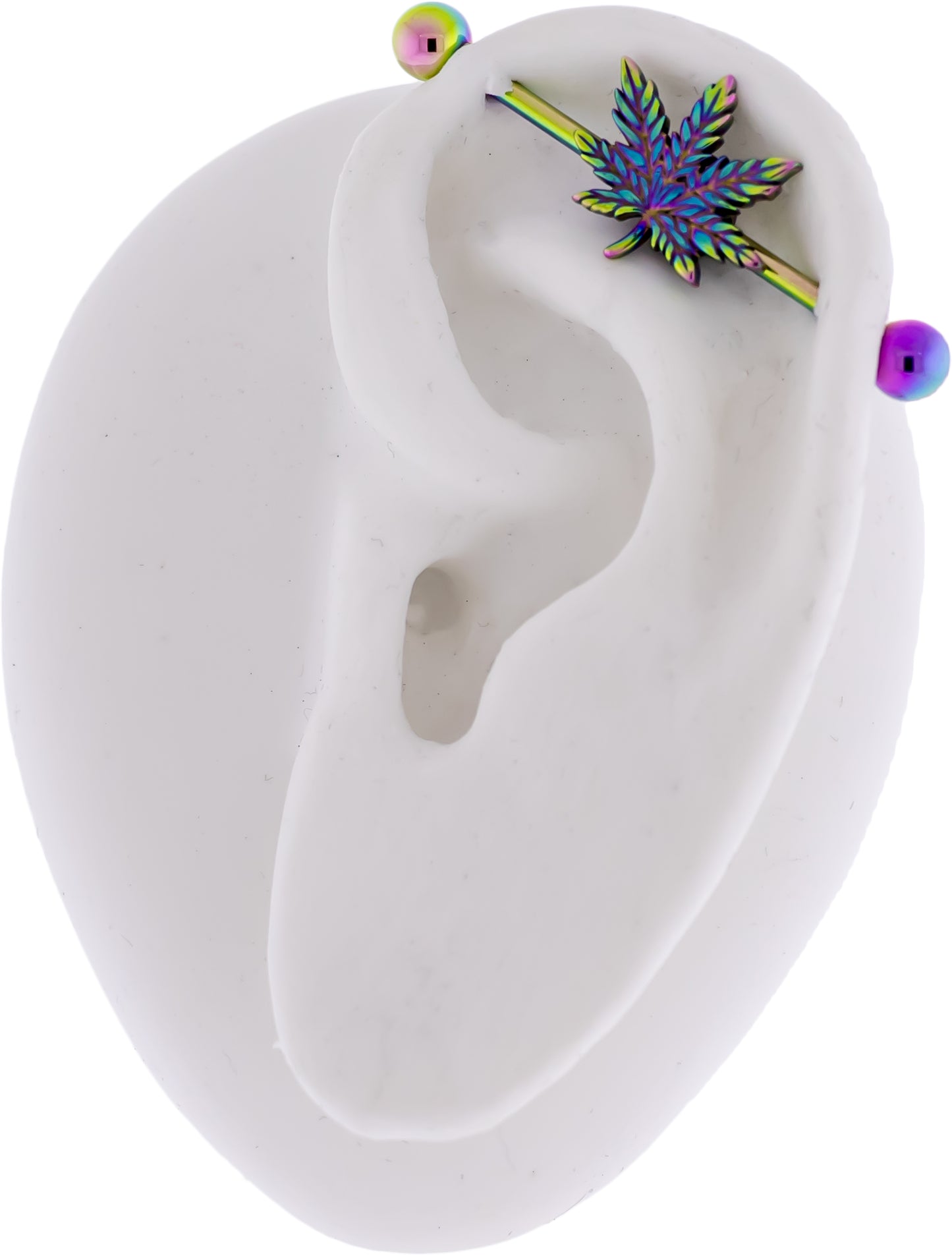14G Industrial Barbell - Rainbow Pot Leaf - Pierced Addiction