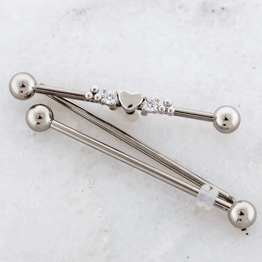 14G Heart With Beaded And Gem Accents Industrial Barbell - Pierced Addiction