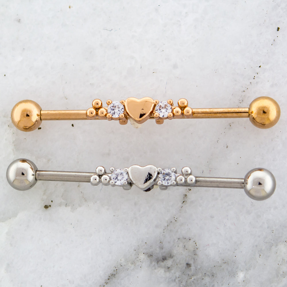 14G Heart With Beaded And Gem Accents Industrial Barbell - Pierced Addiction