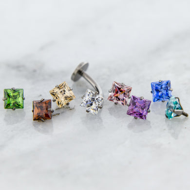 Steel Floating Navel w/ Internally Threaded Prong Set Square Premium Zirconia
