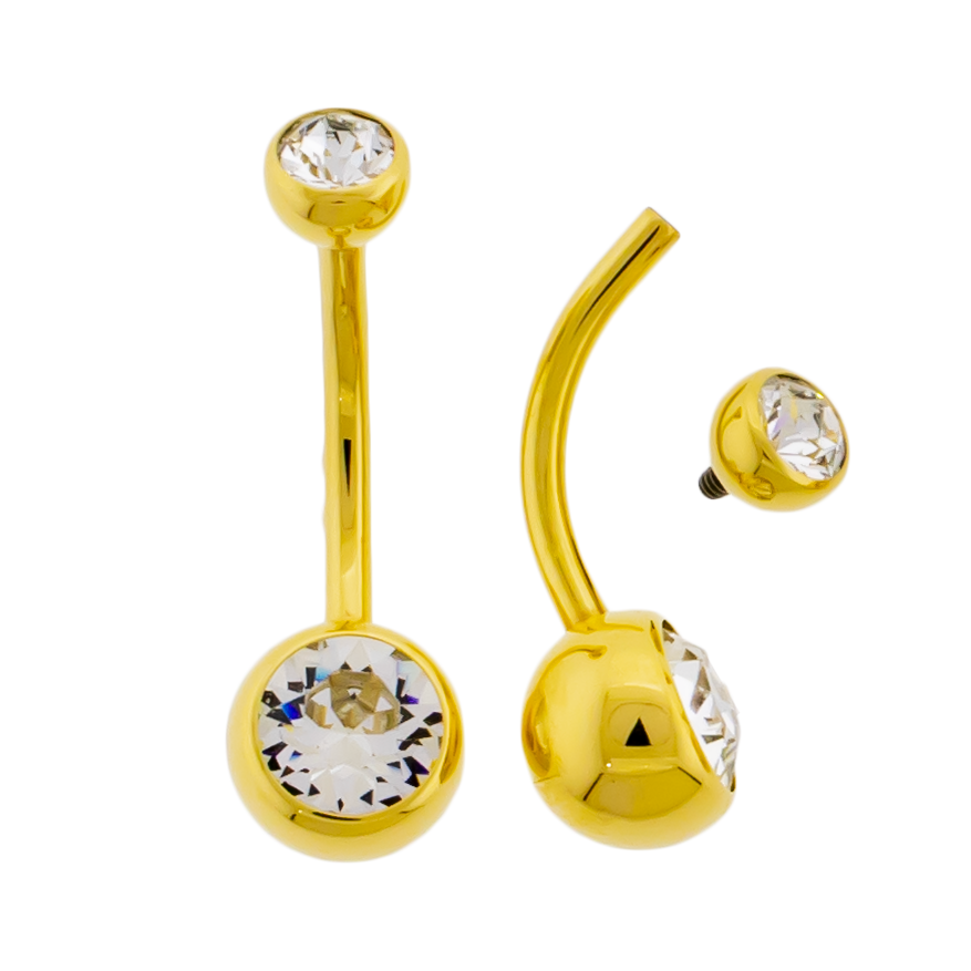 Steel Internally Threaded Double Gem Navel Ring W/ Gold PVD - Pierced Addiction