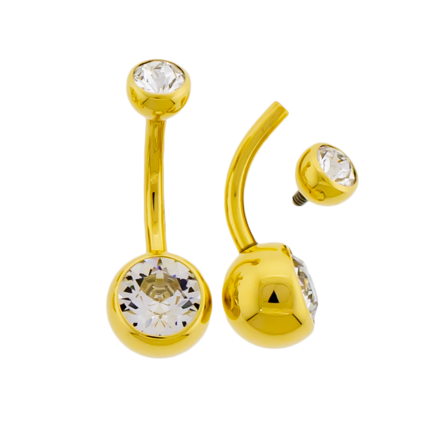 Steel Internally Threaded Double Gem Navel Ring W/ Gold PVD - Pierced Addiction