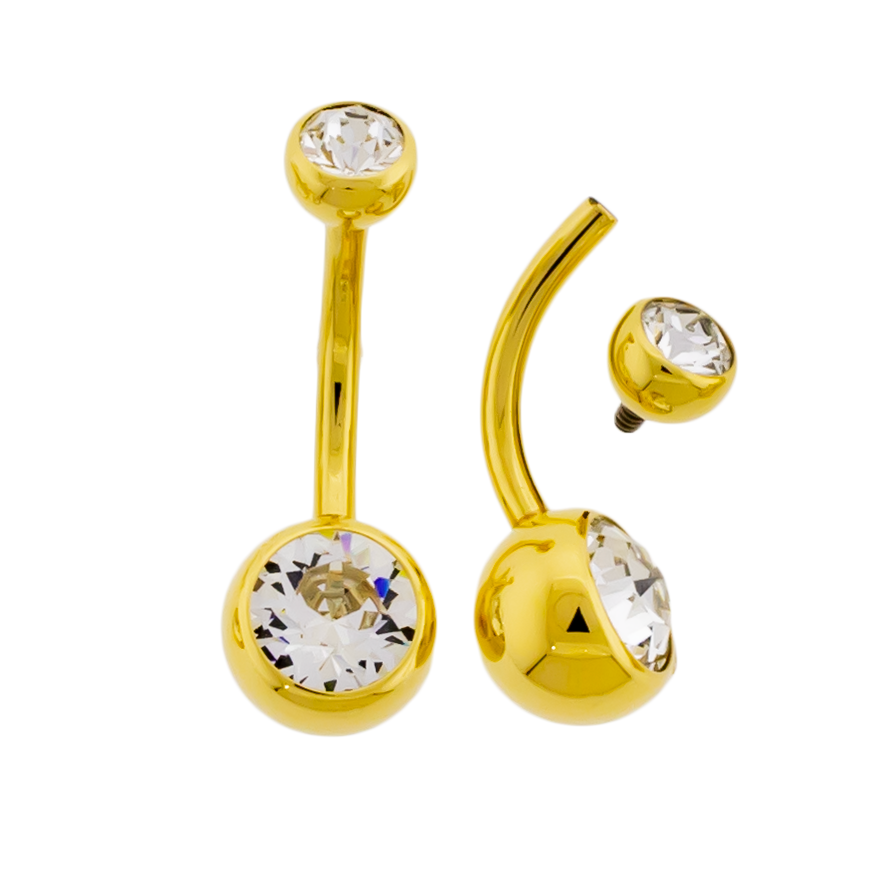 Steel Internally Threaded Double Gem Navel Ring W/ Gold PVD - Pierced Addiction