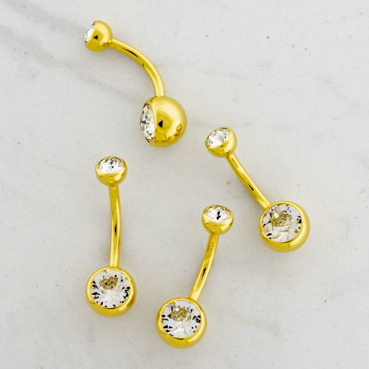 Steel Internally Threaded Double Gem Navel Ring W/ Gold PVD - Pierced Addiction