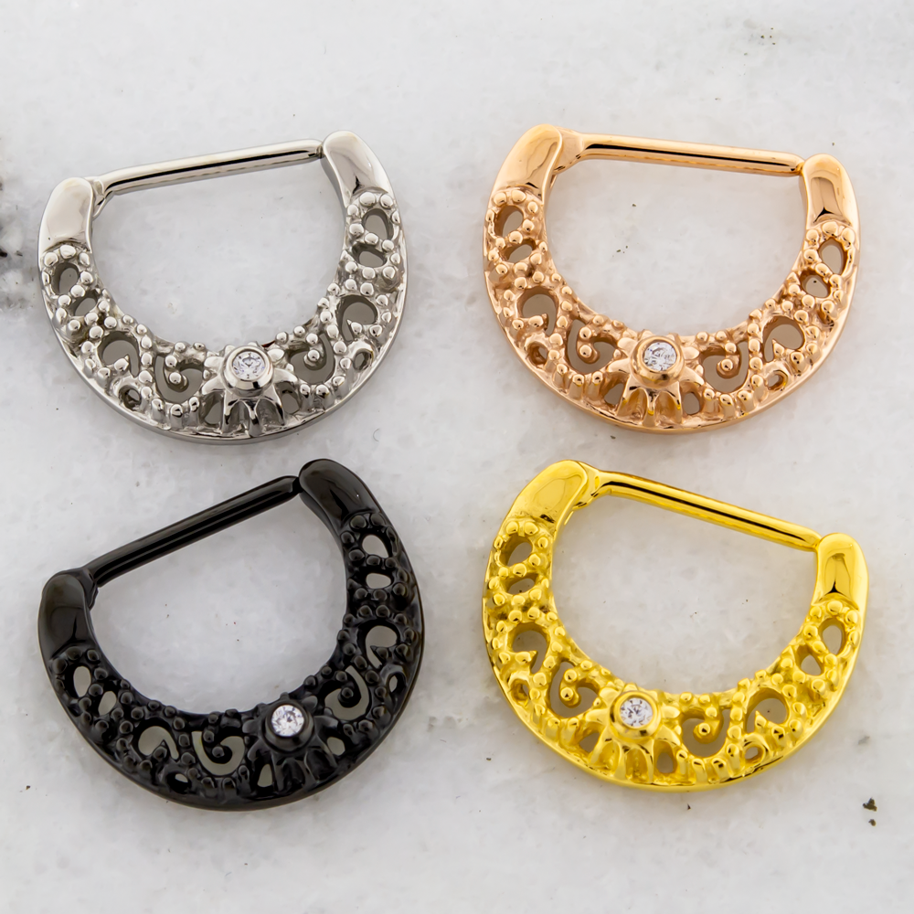 14G Nipple Clicker - Filigree with Clear Gem - Pierced Addiction