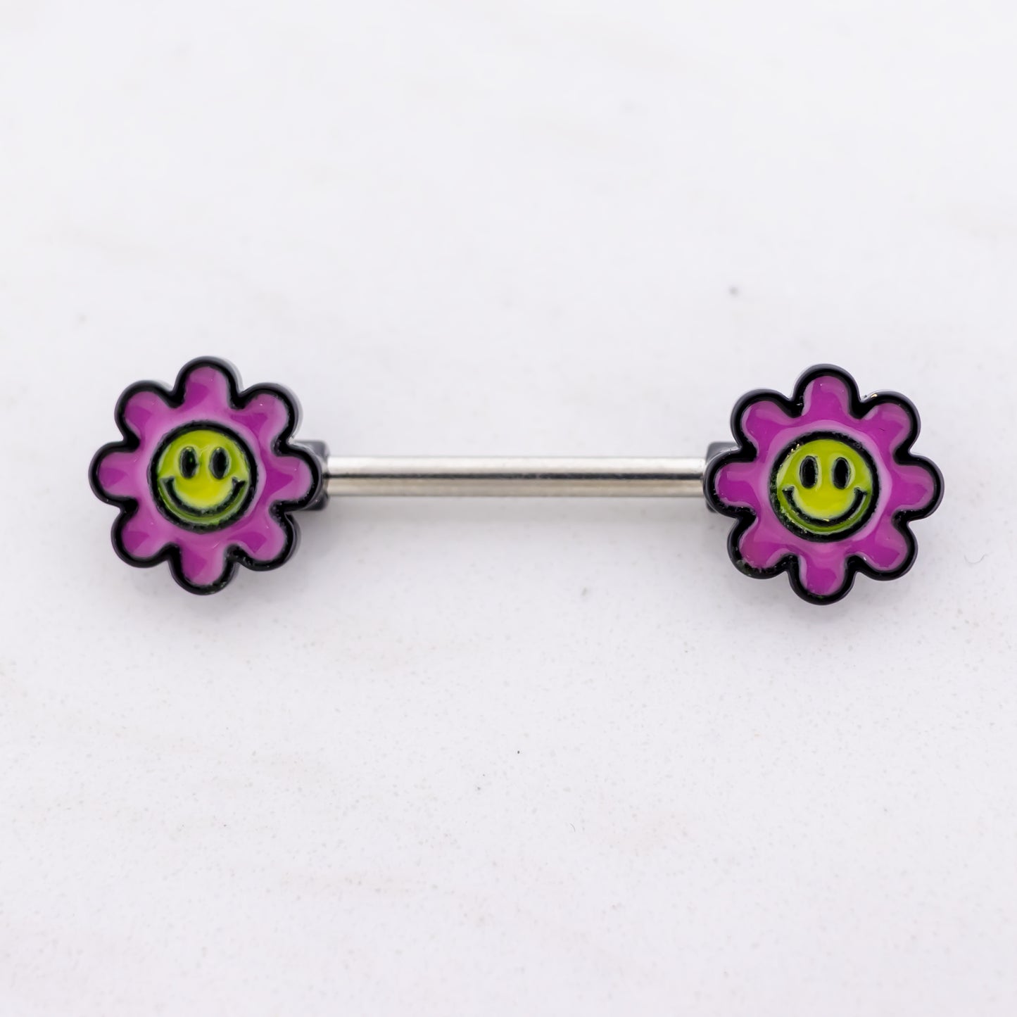 14G Nipple Barbell - Pink Glow in the Dark Flower - Pierced Addiction