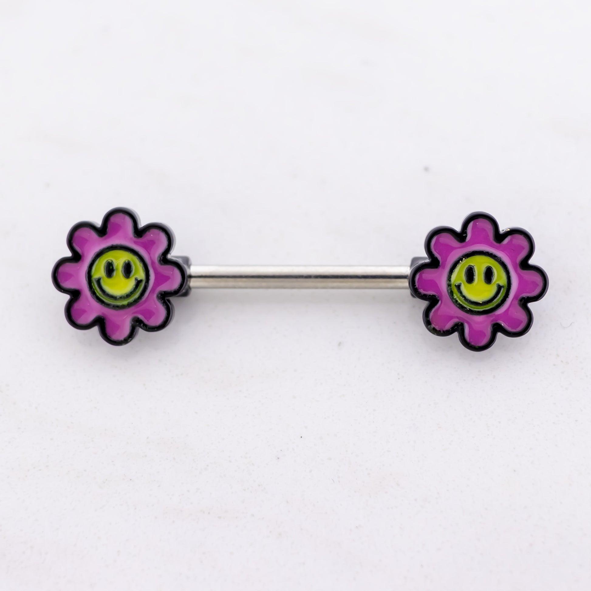 14G Nipple Barbell - Pink Glow in the Dark Flower - Pierced Addiction