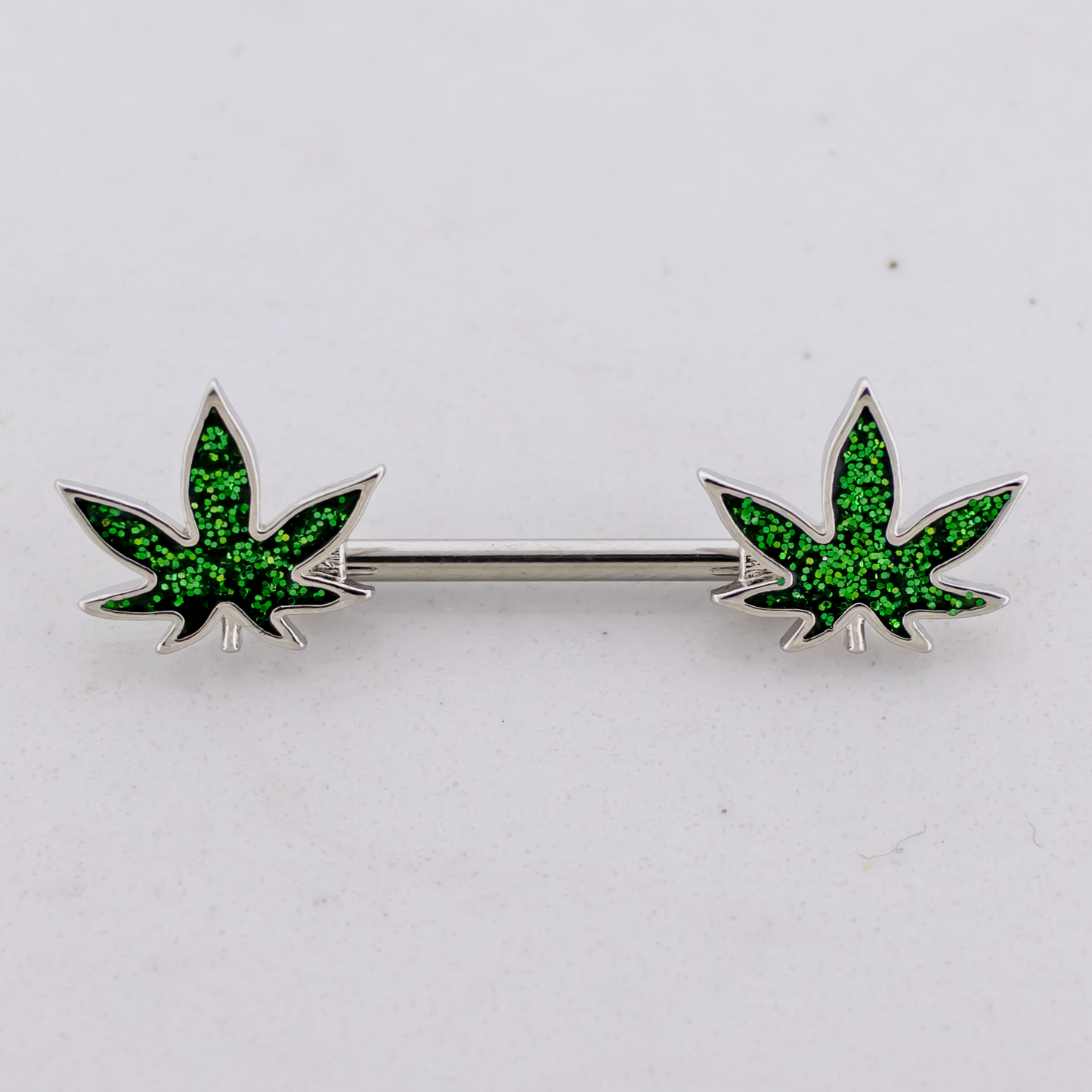 14G Nipple Barbell - Green Pot Leaf - Pierced Addiction