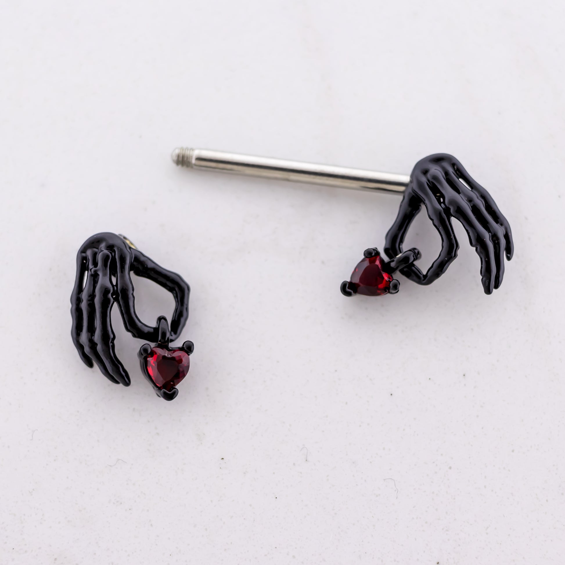 14G Nipple Barbell - Skeleton Hand Heart - Pierced Addiction