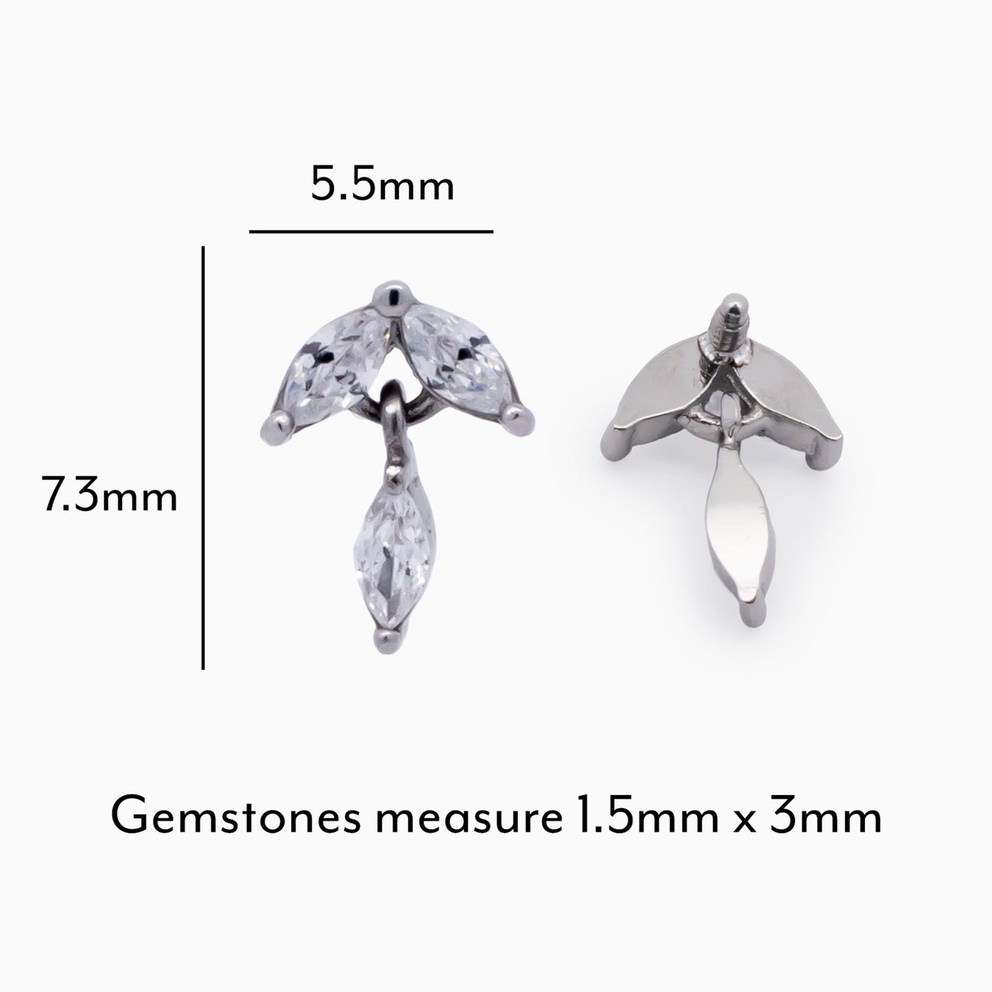 Steel Internally Threaded Three Prong Star End w/ Clear Gem