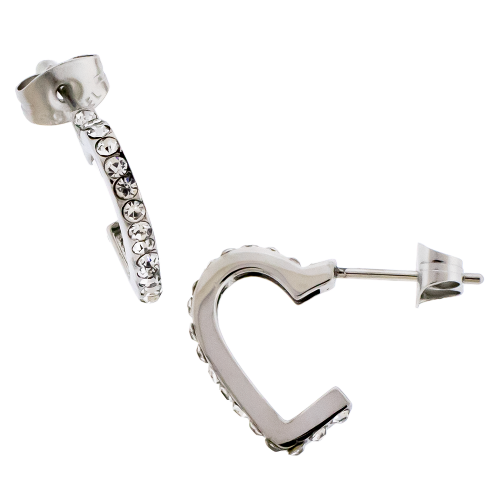 Pair Gemmed Heart Earring Hooped Studs- Clear