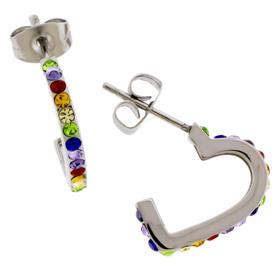 Pair Gemmed Heart Earring Hooped Studs- Rainbow