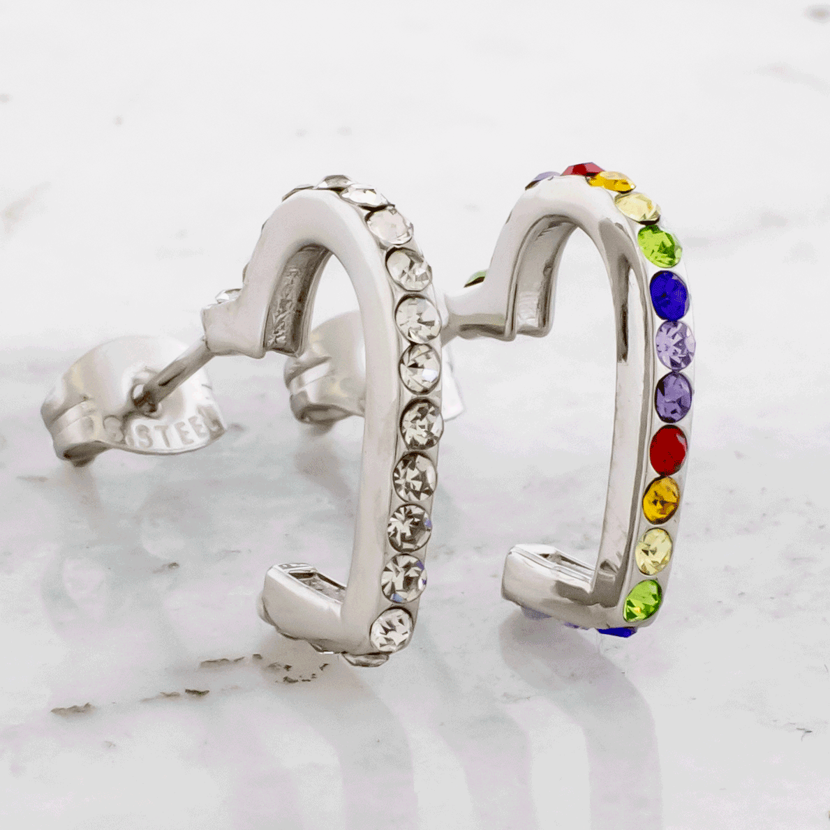 Pair Gemmed Heart Earring Hooped Studs