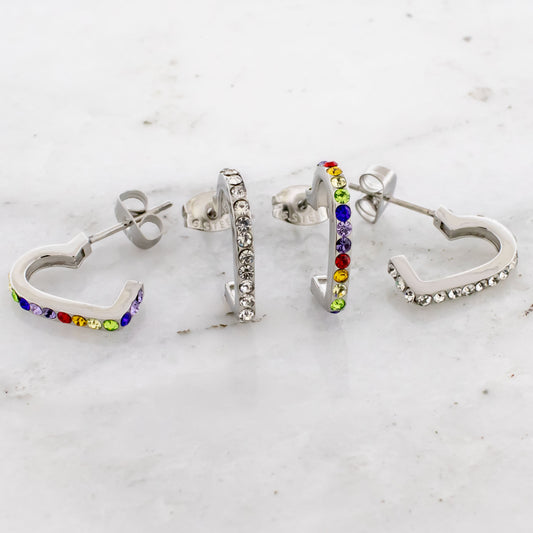 Pair Gemmed Heart Earring Hooped Studs