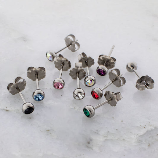 Steel Round Bezel Set Gem Earring Studs