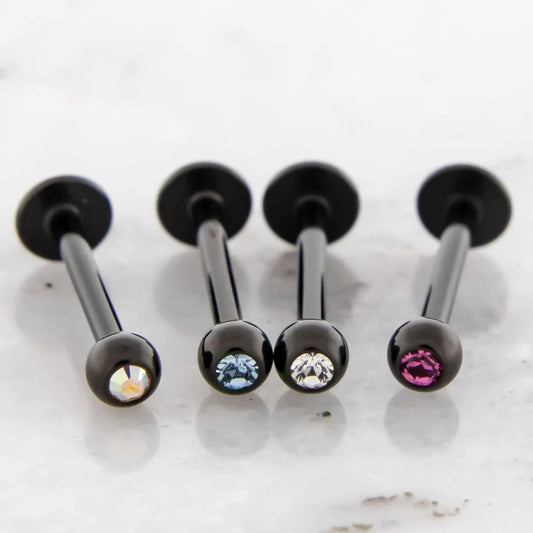 16G Externally Threaded Black PVD Steel Labret with Gem Ball - Pierced Addiction