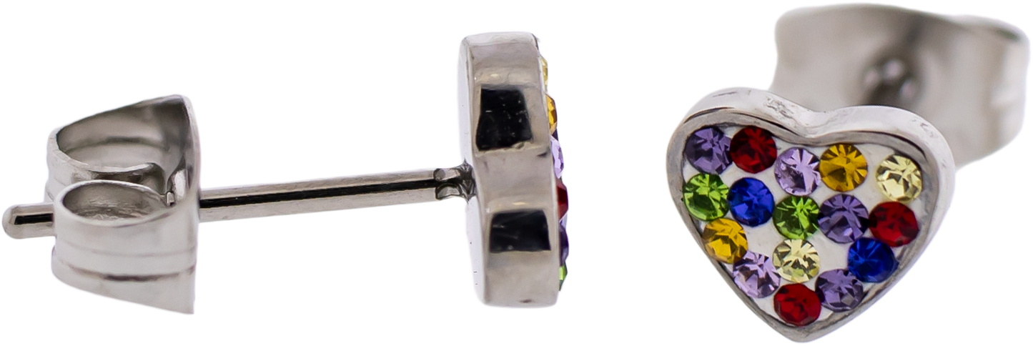 Pair Gemmed Heart Earring Studs- Rainbow