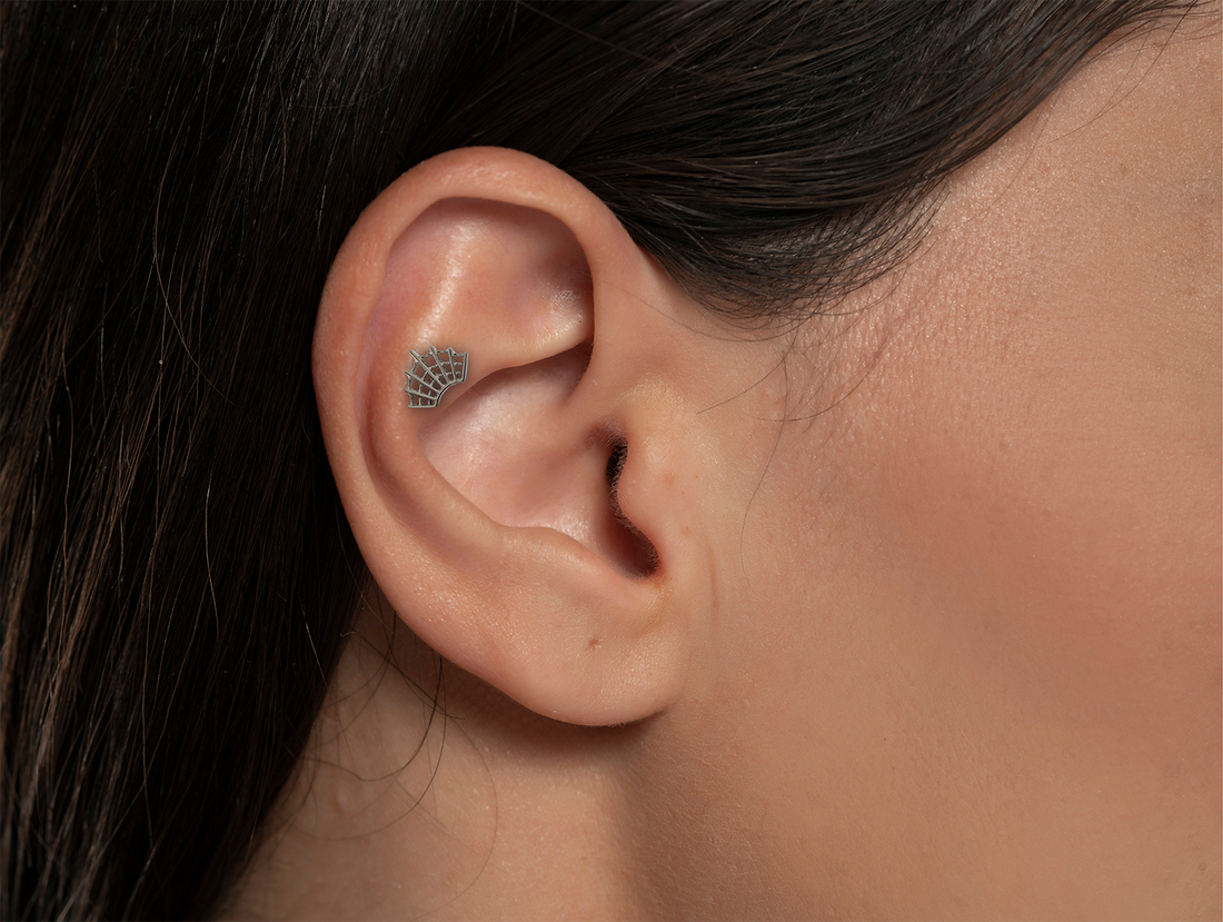 ear with spider web shaped end in a contra conch piercing