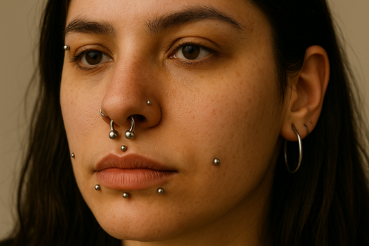 person with a lot of piercings in their face. piercings including nose, cheek, eyebrow, lip and ears