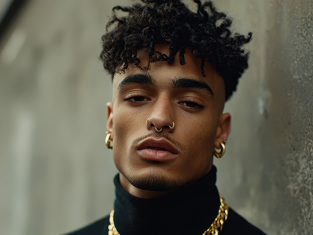 man with septum and nostril piercings