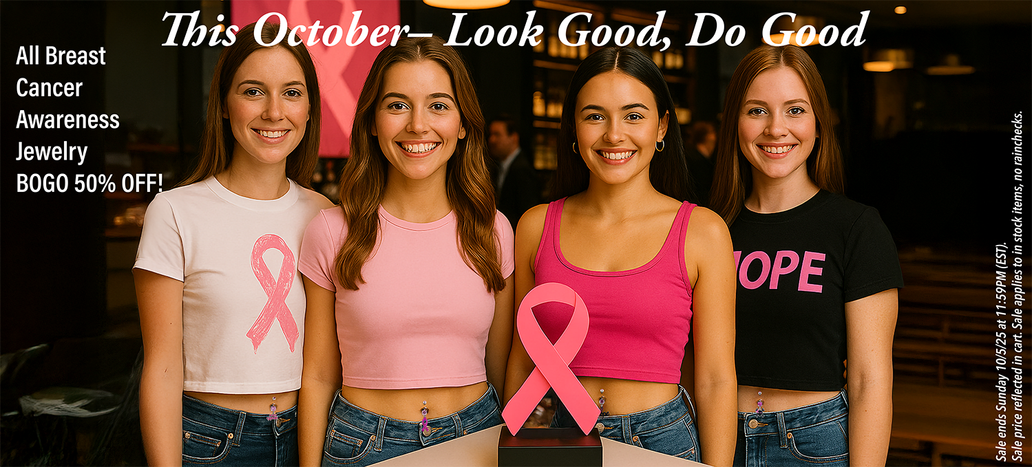 Four women at a breast cancer awareness event with breast cancer awareness navel rings